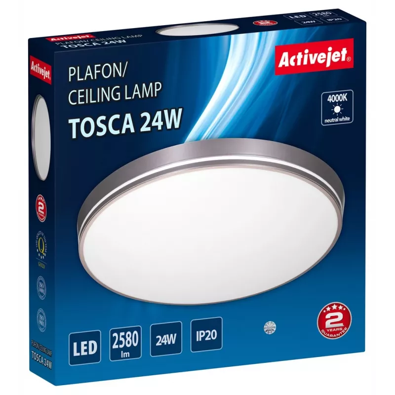 LED lubinis šviestuvas ActiveJet AJE-TOSCA 24W, apvalus 40 cm, 4000 K, 2580 lm, pilkas