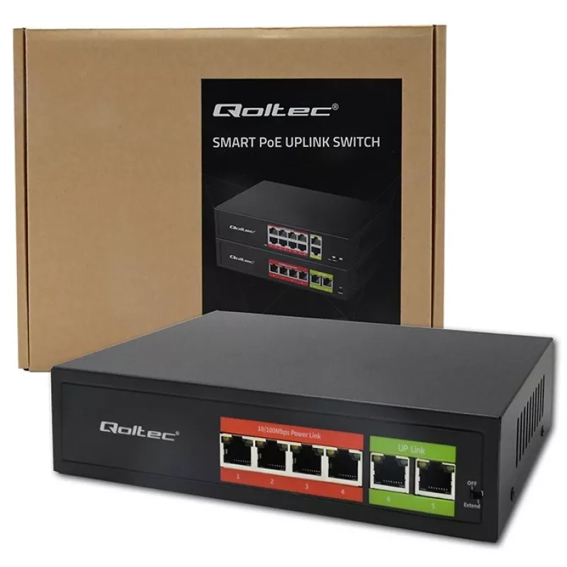Ethernet PoE Switch QOLTEC 52289 — 4x RJ45 PoE prievadai, 2x RJ45 aukštynkryptis prievadas, 65W galios biudžetas
