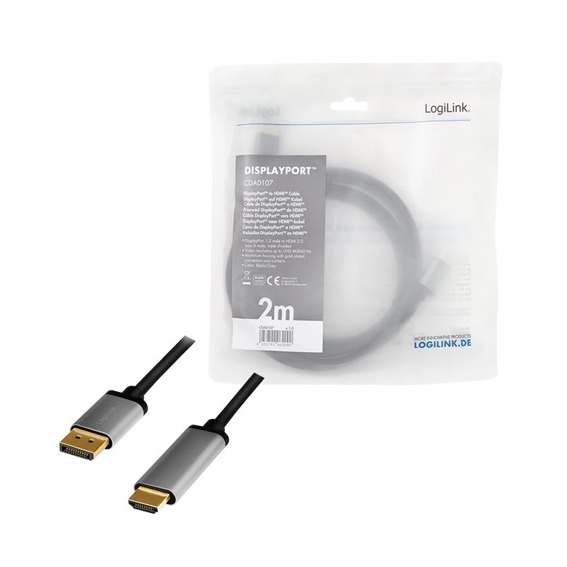 LogiLink CDA0107 vaizdo kabelio adapteris 2 m DisplayPort HDMI Pilka Juoda