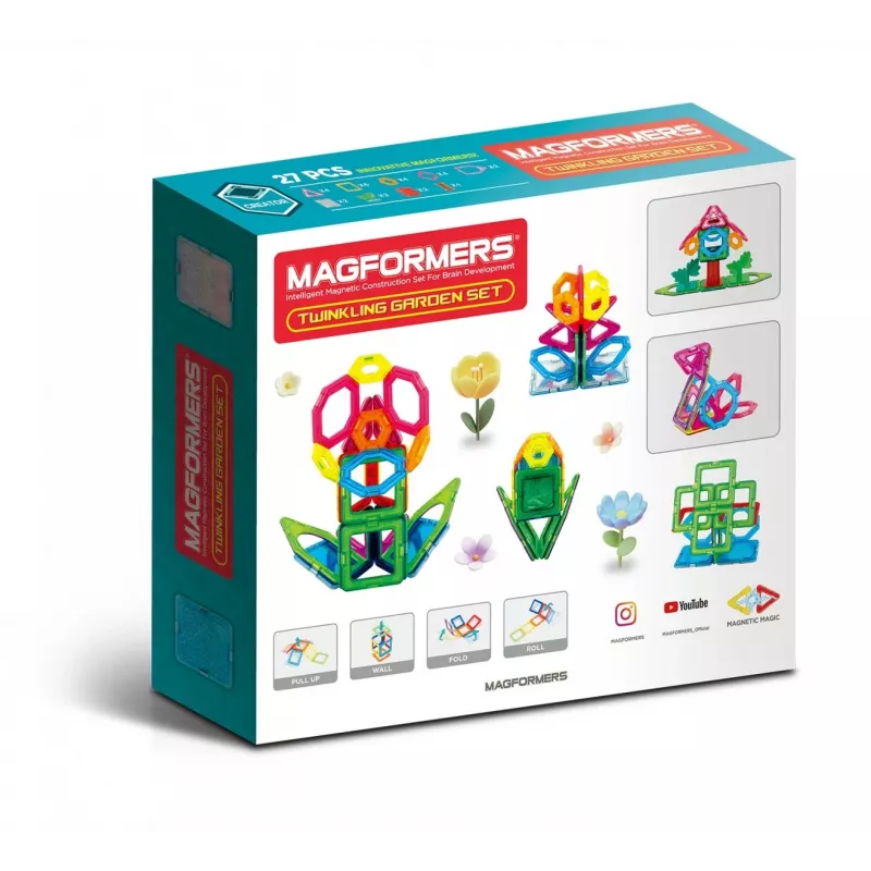 Magnetinis konstruktorius MAGFORMERS Twinkling Garden — 27 dalys, magnetinės statybinės plytelės