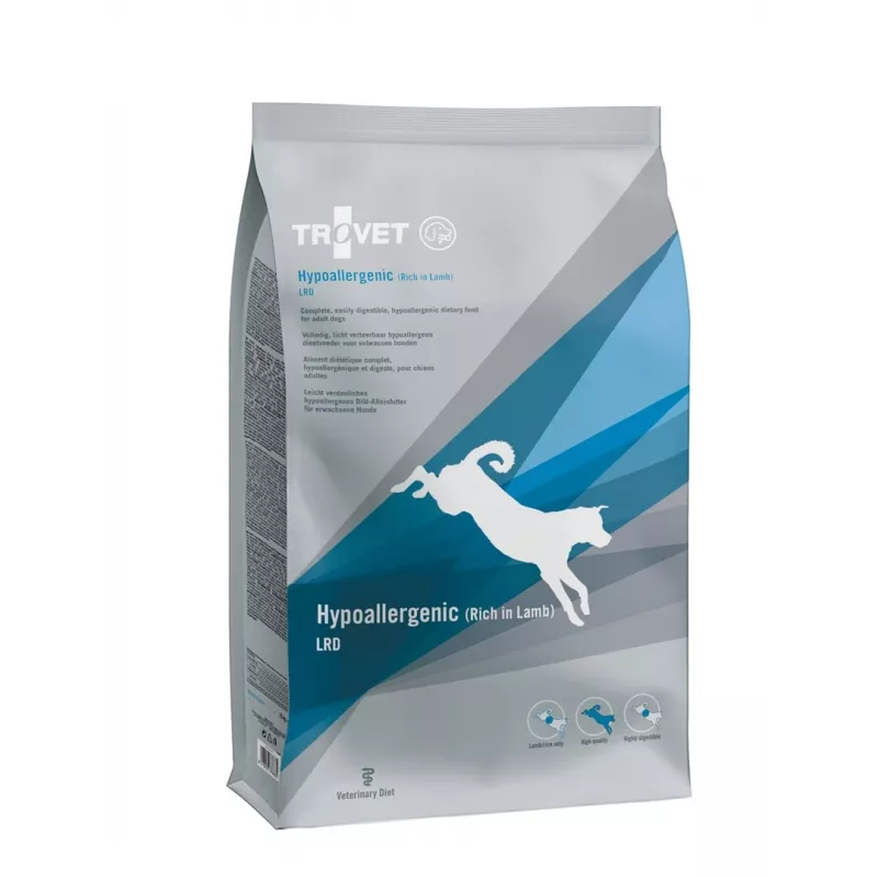 Sausas šunų maistas TROVET Hypoallergenic LRD Lamb 3 kg — suaugę šunys, 20% baltymų, 16% riebalų, be glitimo ir sojos