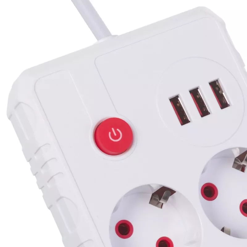 Maitinimo šakotuvas MACLEAN MCE387 W — 2 lizdai, 3×USB A, 110–240 V, 2500 W, 1,5 m kabelis, baltas