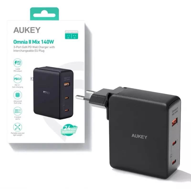 Sieninis įkroviklis Aukey PA-B7O, 3×USB, GaN technologija