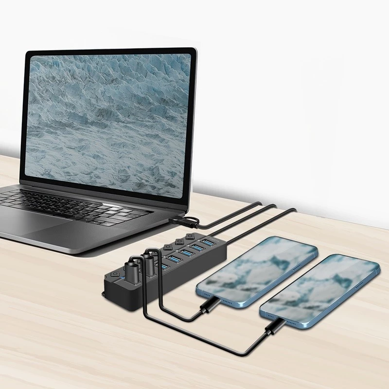 USB 3.2 Gen1 7 prievadų šakotuvas su atskirais jungikliais, juodas