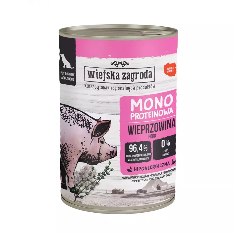 WIEJSKA ZAGRODA Monoproteininis kiaulienos - šlapias šunų ėdalas - 400g