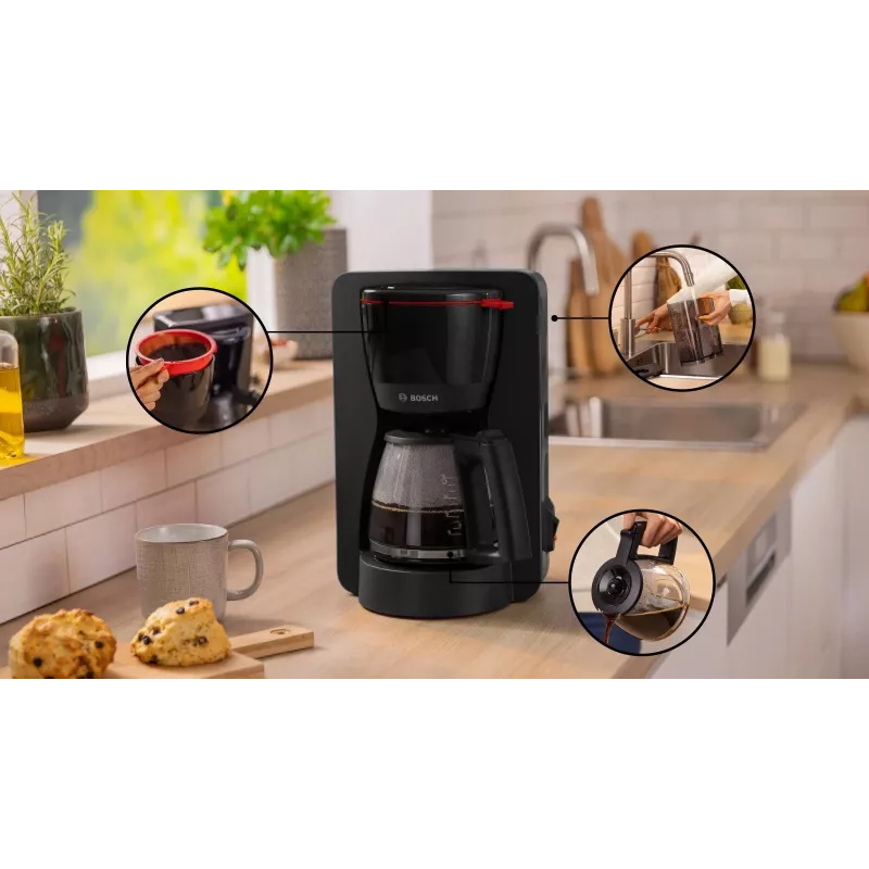 Drip coffee maker Bosch TKA2M113, 1.25 L vandens talpa, 15 puodelių, juoda