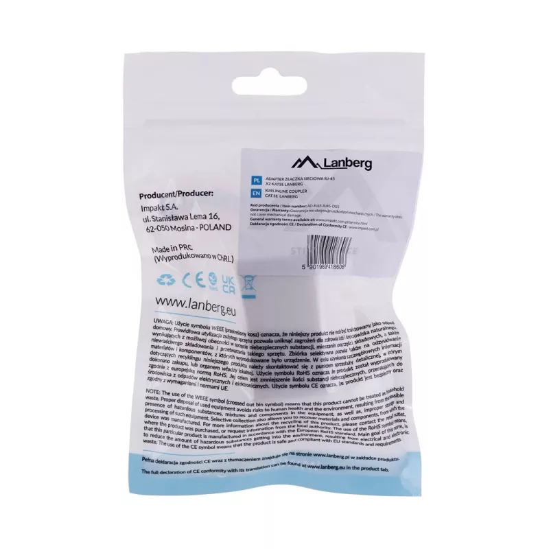 LANBERG jungčių adapteris RJ-45 į RJ-45, moteriška–moteriška, U/UTP Cat5e, baltas