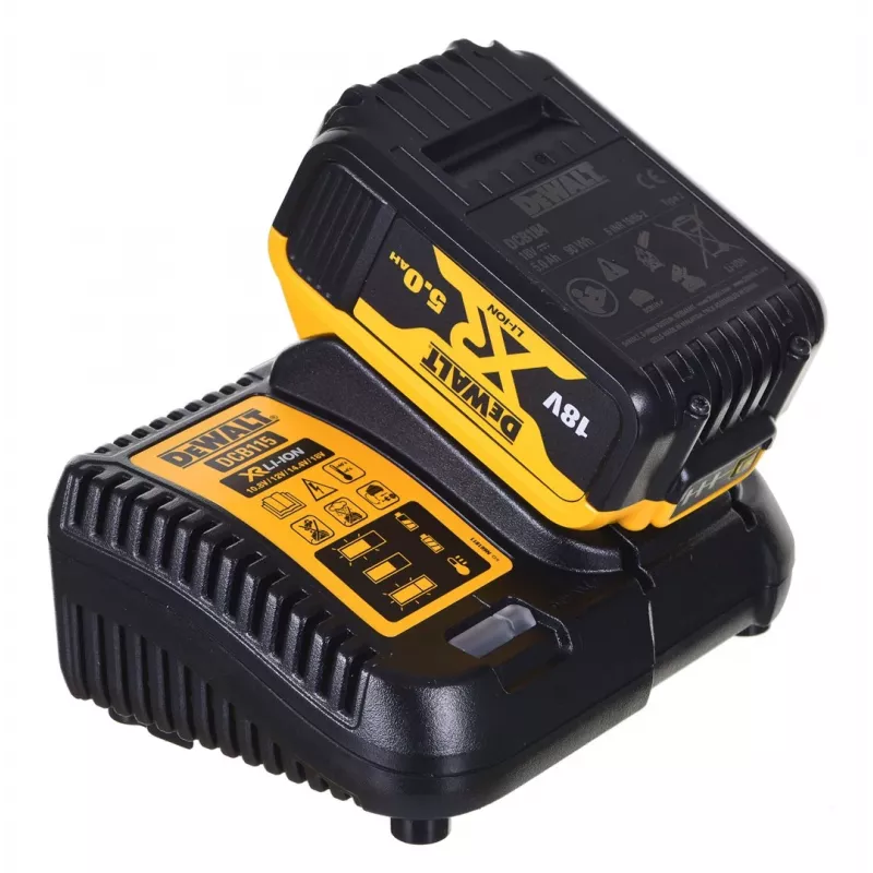 Elektrinių įrankių rinkinys DeWALT DCK2080P2T-QW — 18V Li‑Ion 5Ah (2x), DCG405 kampinis šlifuoklis, gręžtuvas/suktuvas, M14 šlifavimo disko sriegis, nešiojimo dėklas