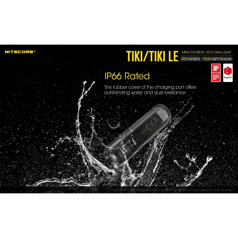 Rankinis žibintuvėlis Nitecore TIKI LE — 300 lm, USB-įkraunamas, polikarbonatas, IP66, atsparus smūgiams, 10,5 g, 55 mm, juodas