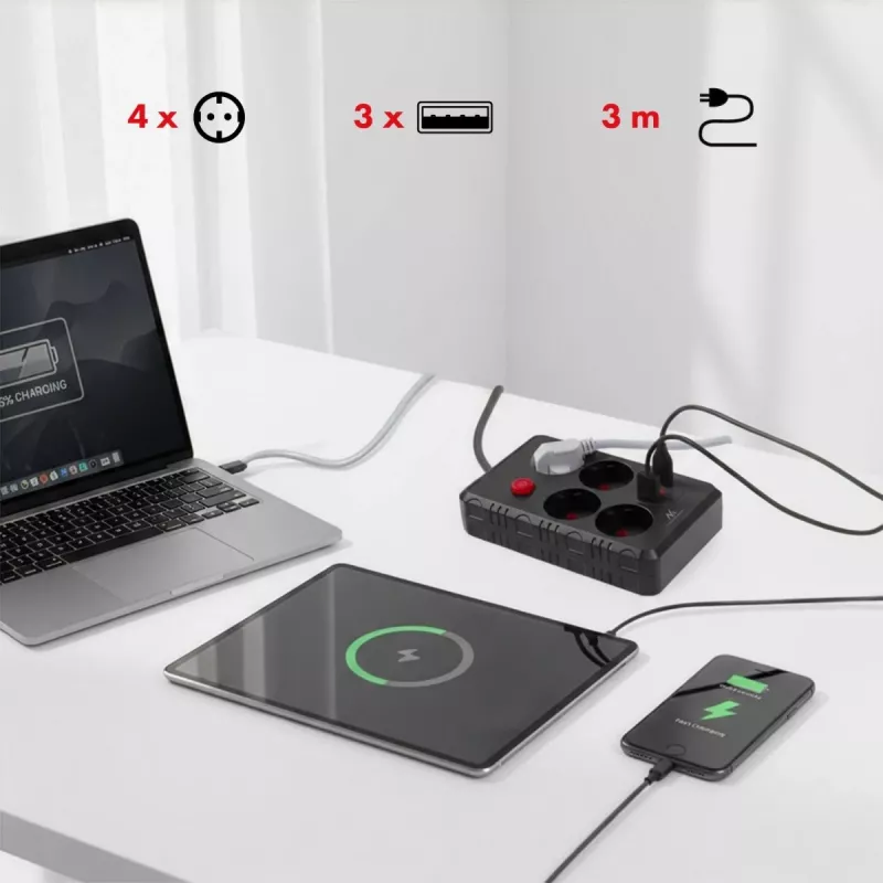 Maitinimo lizdų blokas MACLEAN MCE393 B — 4 lizdai, 3×USB, 110–240V, 2500W, 3 m laidas, juodas
