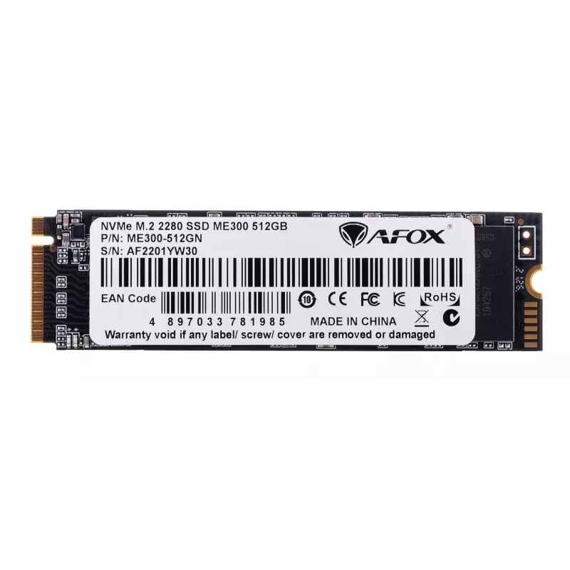 SSD M.2 AFOX ME300-512GN 512 GB PCIe NVMe TLC, skaitymo greitis 2000 MB/s, rašymo greitis 1600 MB/s