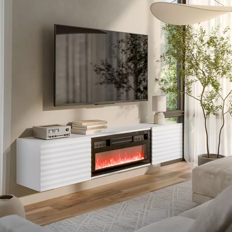 TV spintelė Cama Meble TULA su elektriniu židiniu, 1830×350×370 mm, baltas matinis viršus ir rėmas