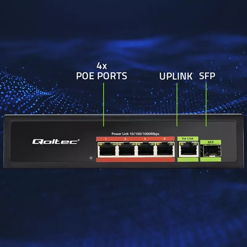 Ethernet PoE komutatorius QOLTEC 52296 — 4x RJ45 PoE prievadai, 1x RJ45 aukštyninė jungtis