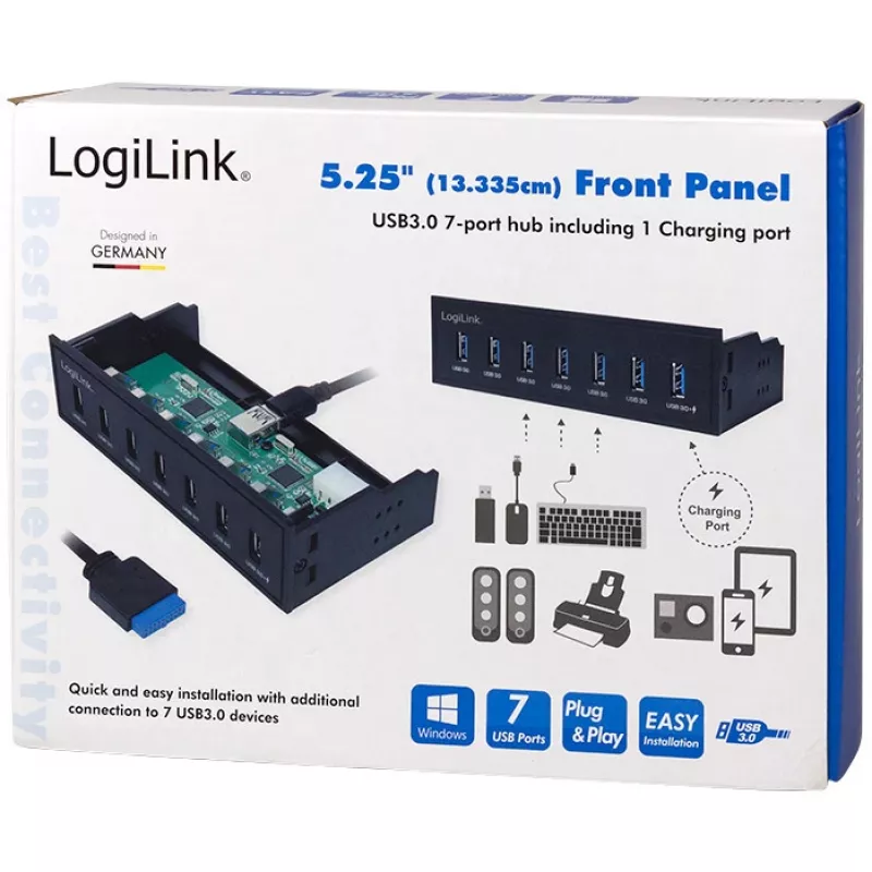 LogiLink USB 3.0 hub, 7 prievadų 5.25 vidinis, su greito įkrovimo prievadu - Hub - 6 x SuperSpeed USB 3.0 + 1 x SuperSpeed USB 3.0 (įkrovimui)