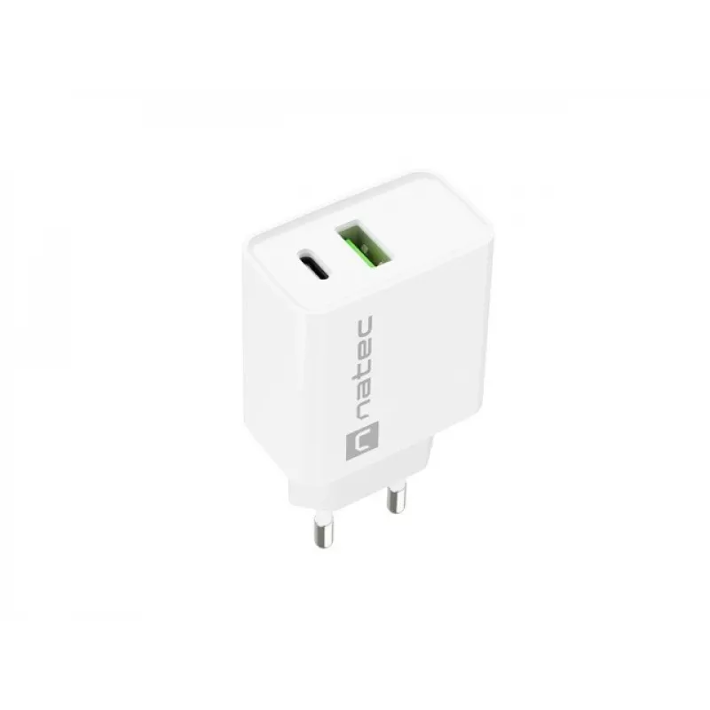 Vidinis AC greito įkrovimo įkroviklis NATEC RIBERA 12V 20W USB-C PD 3.0 + USB-A Samsung AFC baltas