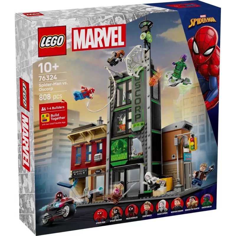 Konstravimo žaislas LEGO Marvel rinkinys 76324 Spider-Man vs. Oscorp, 808 elementai, 8 minifigūrėlės, amžius 10+