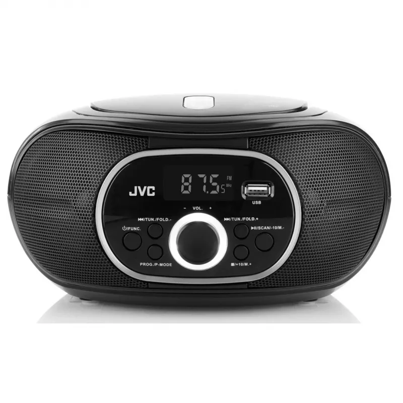Nešiojamasis CD grotuvas JVC RD‑E221B — juodas, CD/MP3, kasetinis denis, USB atkūrimas, FM radijas, AUX, maitinamas iš tinklo / baterijų