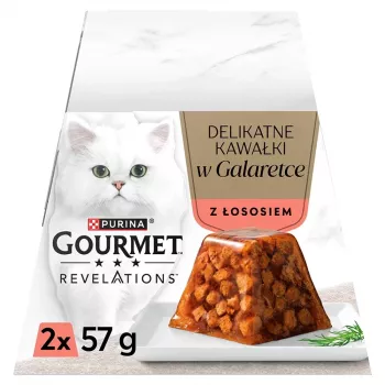 Šlapias kačių ėdalas Purina Nestlé Gourmet Revelations gabalėliai drebučiuose su lašiša 2x57 g, suaugusioms katėms, pilnavertis pašaras