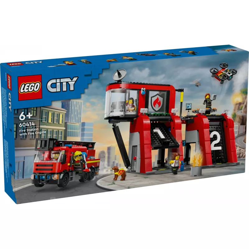 Konstruktorius LEGO City gaisrinė su sukiojamų kopėčių automobiliu 60414 — 843 detalės, 5 minifigūrėlės, 220×320×140 mm