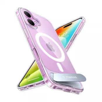 Torras Pstand serijos dėklas iPhone 16 Plus — permatomas apsauginis dangtelis su integruotu stovu