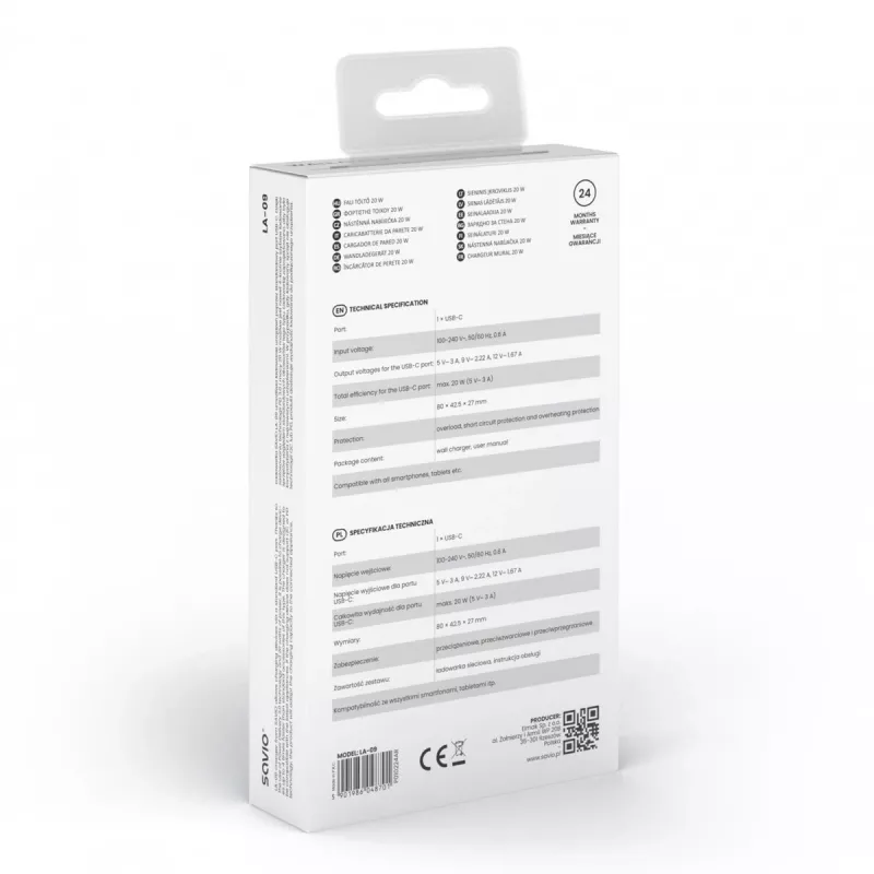 sieninis Charger 20W LA-09 USB-c Qc, Pd 3.0 Savio SAVLA-09