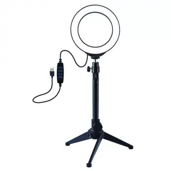 LED žiedinis šviestuvas 12 cm su stalviršio trikoju stovu iki 24,5 cm, USB