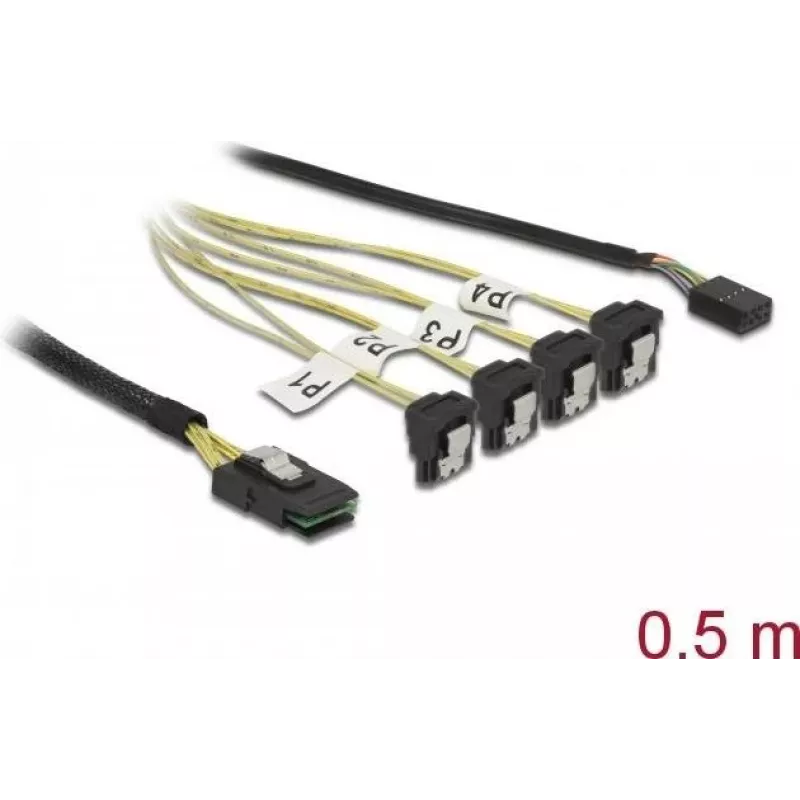 Mini SAS SFF-8087 į 4x SATA 7 kontaktų kampinį kabelį 0,5 m DeLOCK 85683
