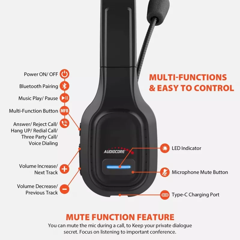 Audiocore 74452 Bluetooth ausinės su mikrofonu, triukšmo slopinimas, skambučiai, Call Center, Google Siri, biurui, belaidės