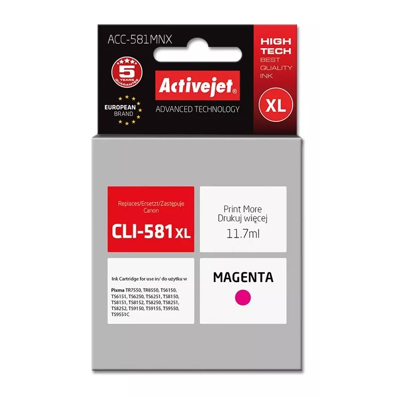 Activejet ACC-581MNX rašalas (pakaitalas Canon CLI-581XLM; Supreme; 11,70 ml; purpurinė)