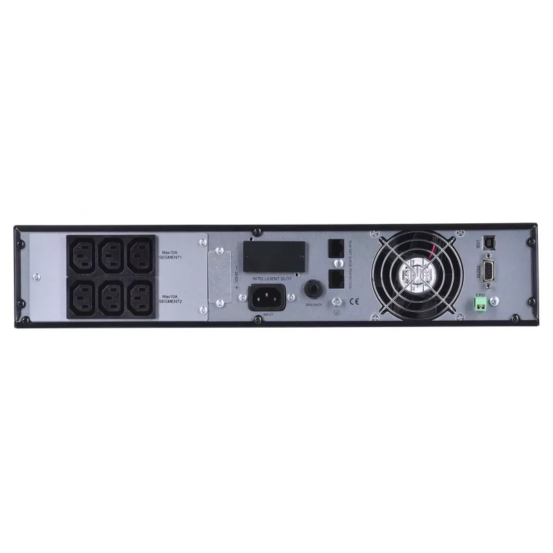 Nepertraukiamo maitinimo šaltinis Green Cell UPS13 — internetinis dvigubos konversijos UPS, 1000 VA / 900 W, gryna sinusinė banga, 6 kintamosios srovės lizdai, LCD, 2×12V 9Ah baterijos