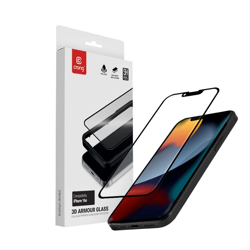 Grūdinto stiklo ekrano apsauga Crong, skirta iPhone 16e / 14 / 13 / 13 Pro — 3D pilna danga