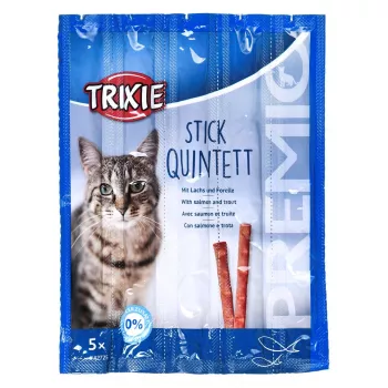 Kačių skanėstai Trixie Premio Sticks juodintos lašišos su upėtakiu, papildomas ėdalas, 5 x 5 g (25 g)