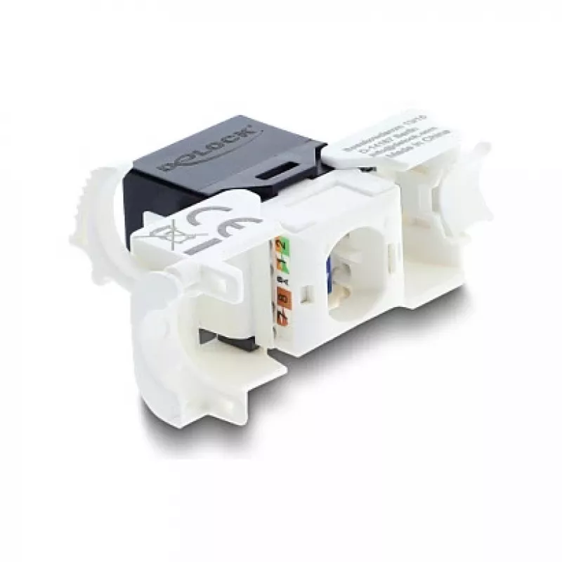 Keystone modulis RJ45 į LSA Cat.6 UTP su fiksavimo spaustuku ir be kabelių raiščių — DELOCK 90794, plokščias juodas/baltas, 16,1×30×19,4 mm