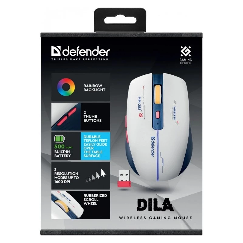 Belaidė žaidimų pelė DEFENDER MM-282 RF — abiem rankoms tinkama, optinė 1800 DPI, 5 mygtukai, USB, maitinama baterijomis