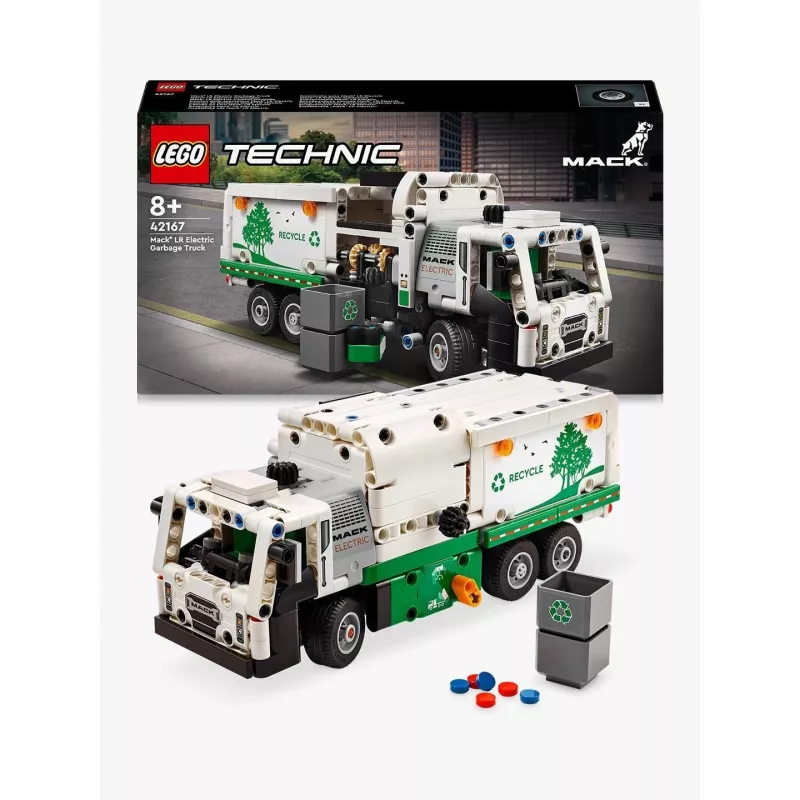 Konstruktorius LEGO Technic Mack LR elektrinis šiukšliavežis 42167 — 503 detalės, motorizuotas, dydis 230×80×90 mm