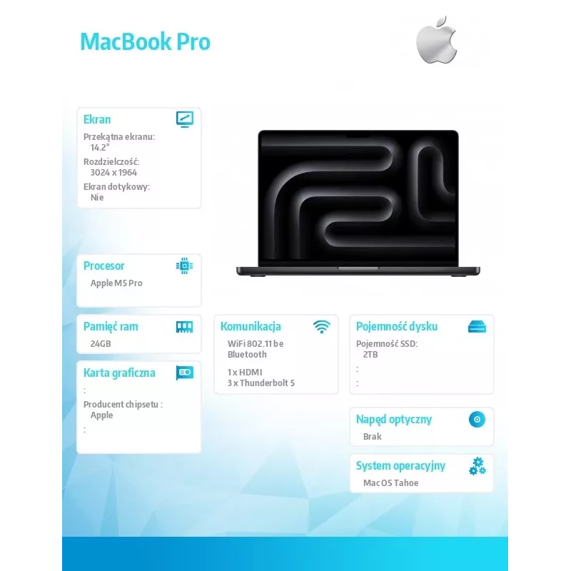 Nešiojamas kompiuteris „Apple MacBook Pro 14 colių“ — M5 Pro 18 branduolių CPU / 20 branduolių GPU, 24 GB RAM, 2 TB SSD, „Space Black“