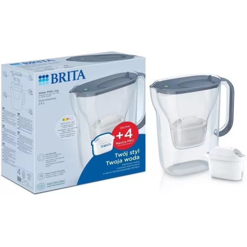 BRITA vandens filtro ąsotis Style Essential grafitas su 4 MAXTRA Pro filtrais, 2,4 L talpa, 1,4 L filtruoto vandens