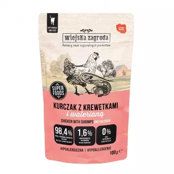 WIEJSKA ZAGRODA Vištiena su krevetėmis ir valerijonu – šlapias kačių maistas – 100 g