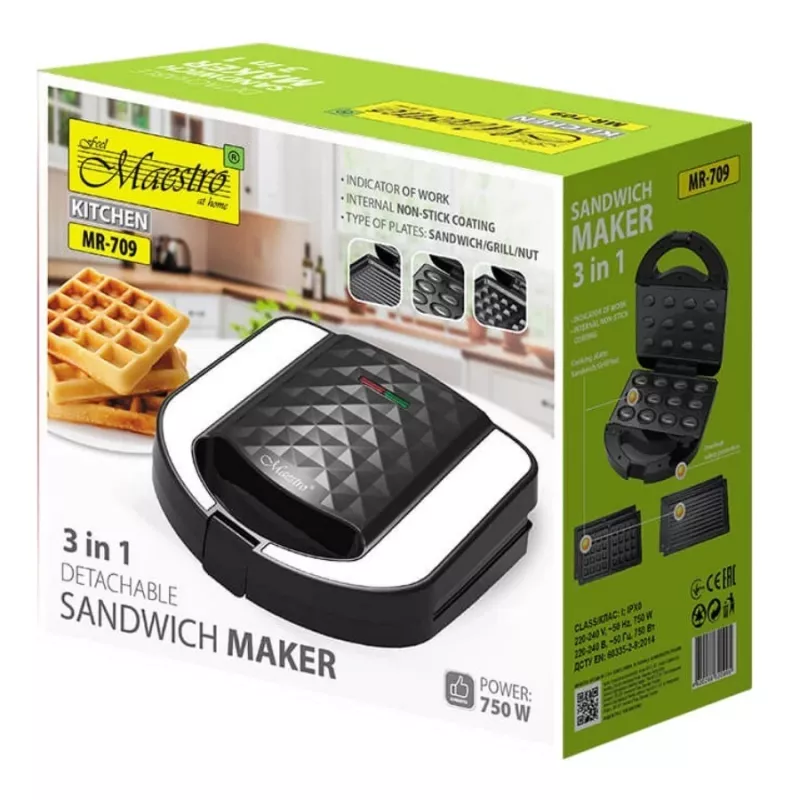 Skrudintuvas sumuštinių keptuvas Maestro MR-709 3 viename 750 W — sumuštinių presas, grilio ir vaflių plokštės, balta