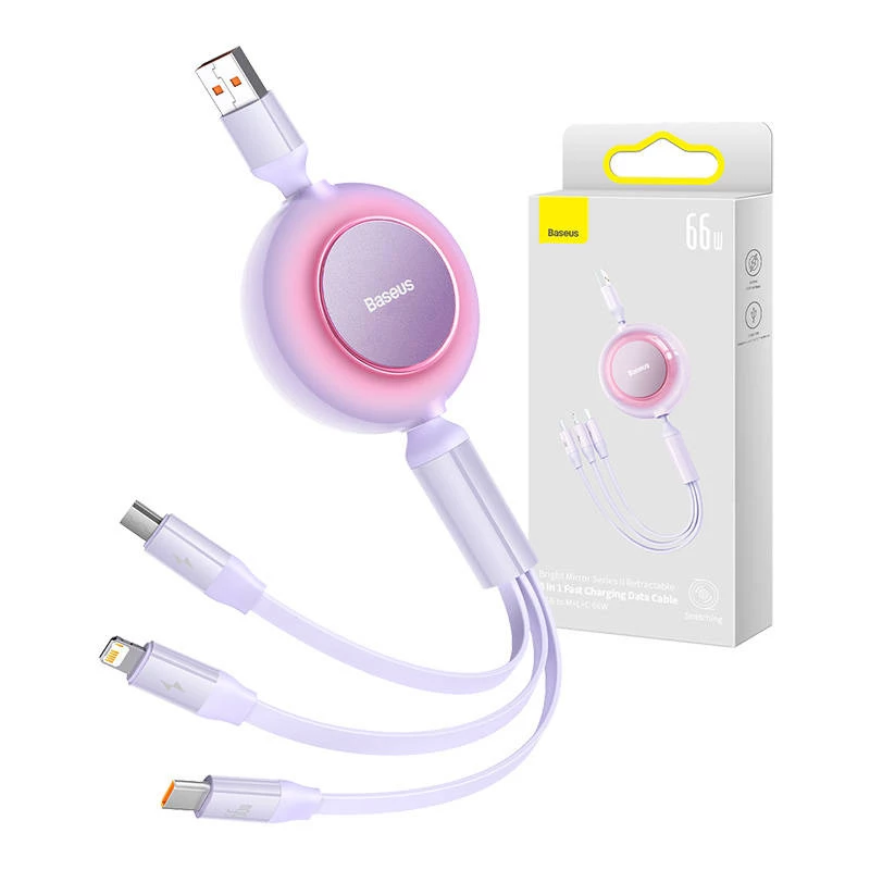 USB 3-in-1 laidas Baseus Bright Mirror — micro USB, USB-C, Lightning, 66W, 1,1 m