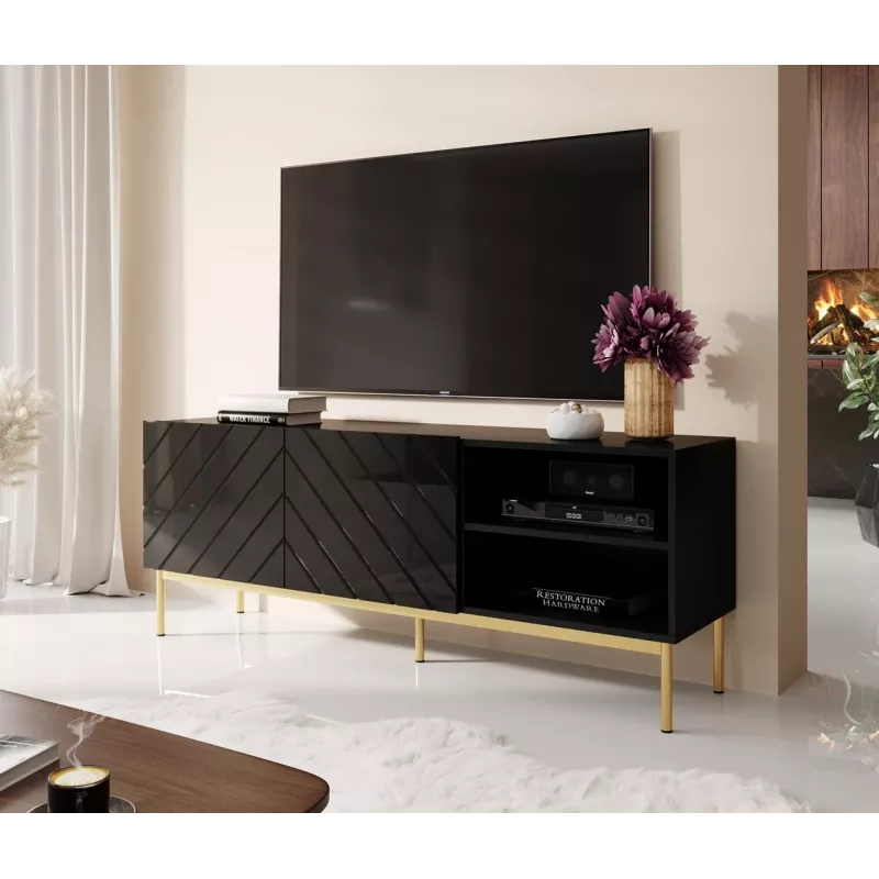 ABETO RTV spintelė ant auksinis plieninis rėmas 150x42x60 juodas/blizgus juodas