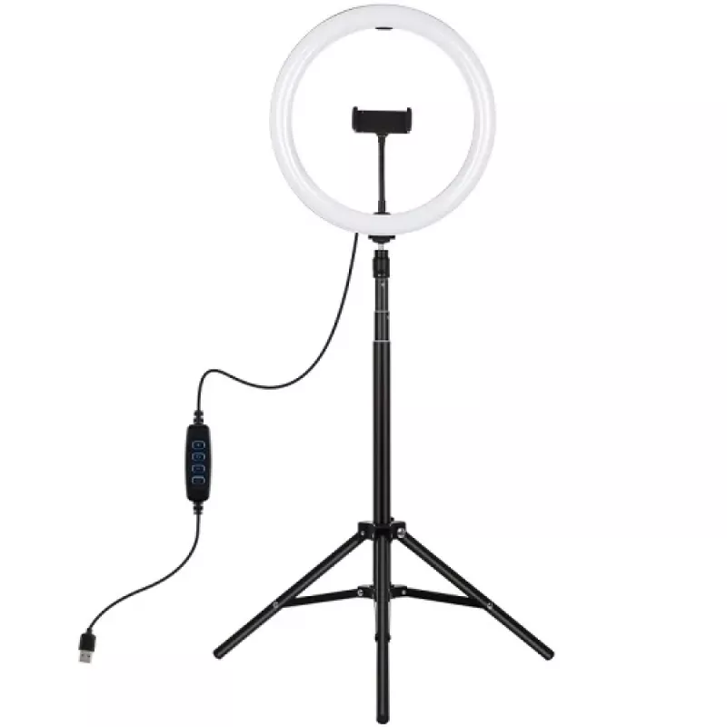 LED žiedinė šviesa 30 cm su trikoju stovu iki 1,65 m ir telefono laikikliu, USB