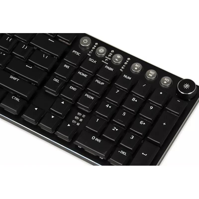 Klaviatūra IBOX AURORA K-6 — pilno dydžio QWERTY, RF belaidė + Bluetooth, RGB apšvietimas, mechaniniai žemo profilio klavišai, juoda