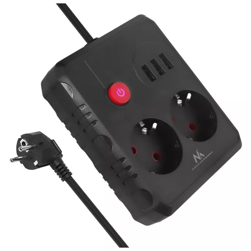 Kištukinis lizdas MACLEAN MCE388 B — 2 kintamosios srovės lizdai, 3×USB A, 110–120V 50/60Hz, 2500W, 3 m laidas, juodas