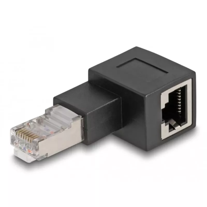 DeLOCK RJ45 kištuko prie RJ45 lizdo adapteris Cat.6A 90° į kairę pasuktas juodas