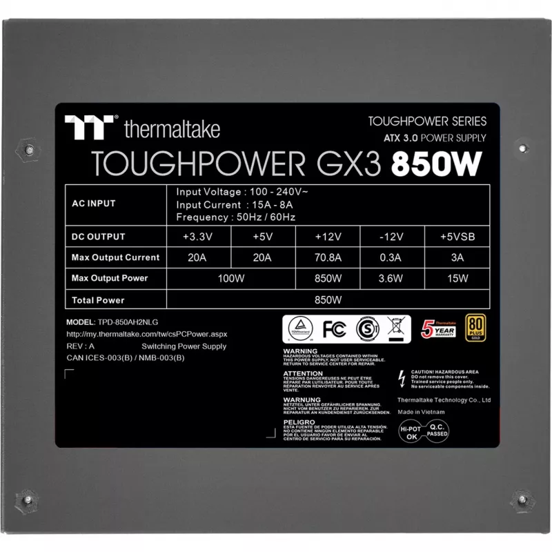 Thermaltake ToughPower GX3 - Maitinimo blokas (vidinis) - ATX12V 3,0 - EPS12V - 80 PLUS Gold - AC 100-240 V - 850 W - Juoda (PS-TPD-0850NNFAGE-3)