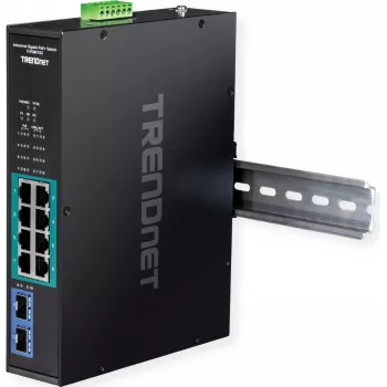 TRENDnet TI-PGM102 - komutatorius - pramoninis - 8 x 10/100/1000 (PoE+) + 2 x Gigabit SFP - montuojamas ant DIN bėgelio, tvirtinamas prie sienos - PoE+ (240 W) - atitinka TAA (TI-PGM102)