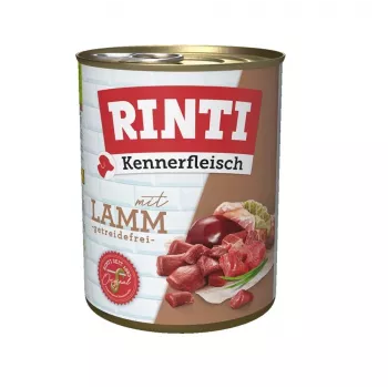 Šlapias šunų maistas RINTI Lamb Adult 800 g — pilnavertis pašaras, 77 % drėgmės, 11 % baltymų, be grūdų ir sojos