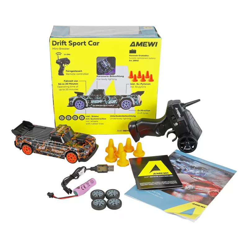 Drift RC automobilis Amewi 21128 — mastelis 1:24, elektrinis variklis, Li-Ion 500 mAh, svoris 172 g, nuo 6+