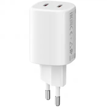 Įkroviklis Xiaomi Nano Turbo 45W baltas — 2× USB‑C kintamosios srovės patalpų, skirtas išmaniajam telefonui ir planšetiniam kompiuteriui